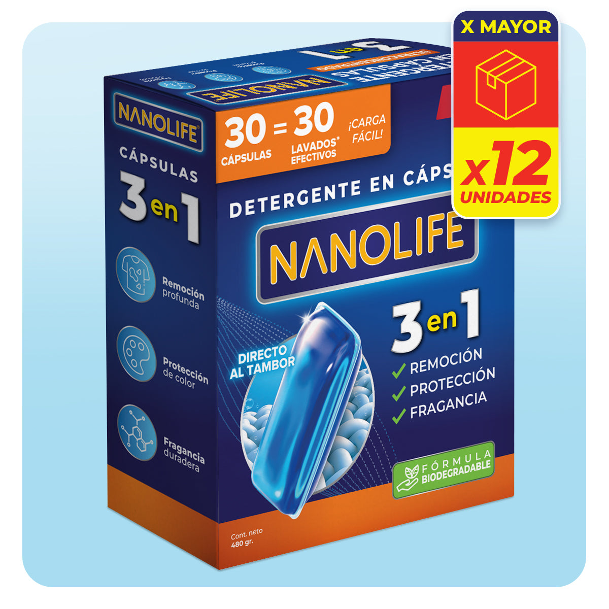Detergente en Cápsulas Ultraconcentrado - 30 lavados - 12u x 480gr Caja Por Mayor
