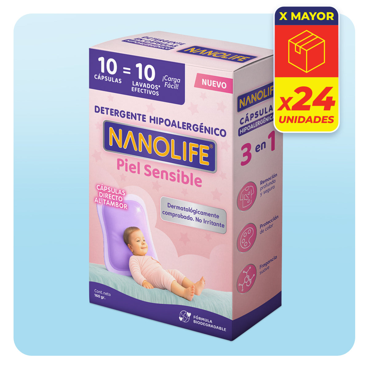 Detergente en Cápsulas Hipoalergénico - 10 lavados - 24u x 160gr Caja Por Mayor