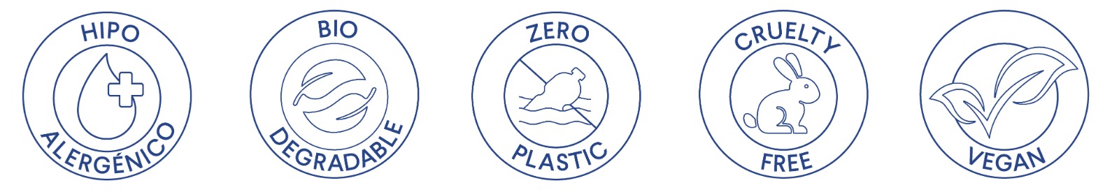 Conoce nuestras certificaciones Hipoalergénico, Biodegradable, Zero Plastic, Cruelty Free y Vegan.